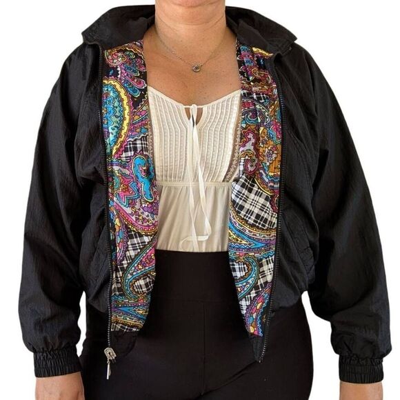 Vintage 80s Windbreaker Jacket Black Paisley  Reversible Bomber Coat Size S Tren - Picture 9 of 13